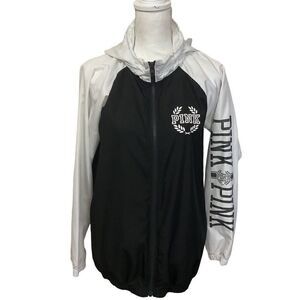 Victorias Secret Pink Full Zip Hooded Windbreaker Womens XS Black & White‎